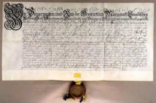 Schlackenwerth, 1709.02.26. Geburtsbrief für Franz Hönel von Schlackenwerth (Böhmen, Bez. Karlsbad). Aussteller: Stadt