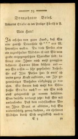 Dreyzehnter Brief. Actuarius Stabe an den Prediger Fürth in P.