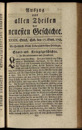 XXXIX. Stück. Coburg, den 27. Sept. 1758.
