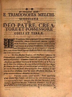 Disp. theol. a theologia Melchisedeciana, Gen. XIV, 19. de Deo patre, altissimo creatore coeli et terrae