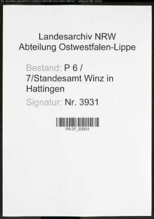Sterberegister Standesamt Winz in Hattingen