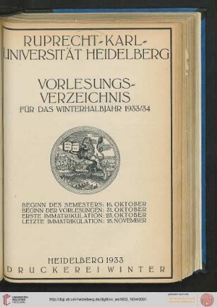 Personalverzeichnis und Vorlesungsverzeichnis: Vorlesungsverzeichnis für das Winterhalbjahr 1933/34