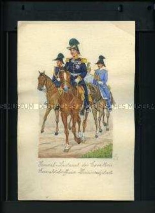 Uniformdarstellung, Generalleutnant der Kavallerie, Generalstabsoffizier und Divisionsadjutant zu Pferd, Sachsen, 1859.