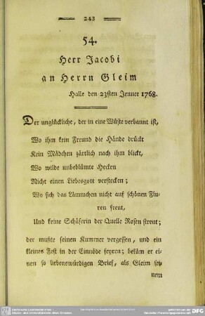 54. Herr Jacobi an Herrn Gleim. Halle den 23sten Jenner 1768