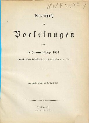 Verzeichnis der Vorlesungen der Universität zu Greifswald. 1893 SH