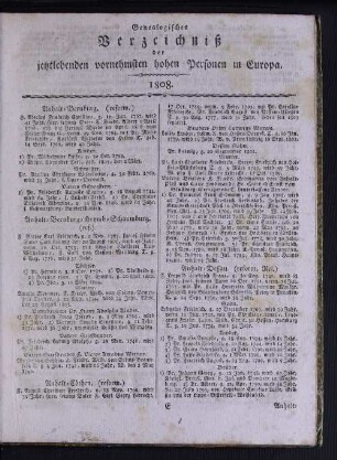 Genealogisches Verzeichniß der jetztlebenden vornehmsten hohen Personen in Europa.