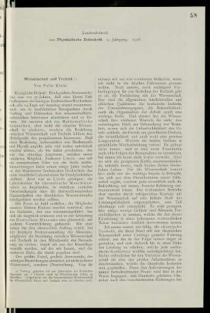 Wissenschaft und Technik. Von Felix Klein [Sonderdruck]