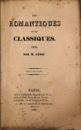 Les Romantiques et les Classiques : Ode