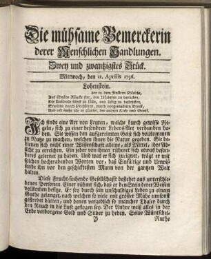 Zwey und zwanzigstes Stück. Mittwoch, den 11. Aprilis 1736.