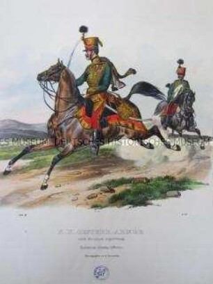 Uniformdarstellung, Stabsoffizier des Husaren-Regiments zu Pferd, Österreich, 1840. Tafel aus: Trentsensky: K.K. Oesterreichische Armée nach der neuen Adjustirung.
