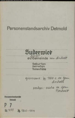 Kirchenbuch der evangelisch-reformierten Filial-Gemeinde von Anholt (GHT 1865-1874). (Gemeinde: Suderwick, ev.-ref. Filialgemeinde von Anholt)