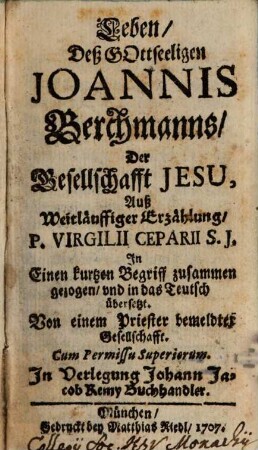 Leben, Deß Gottseeligen Joannis Berchmanns, Der Gesellschafft Jesu