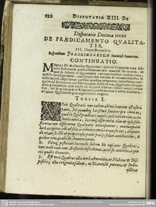 Disputatio Decima tertia De Praedicamento Qualitatis