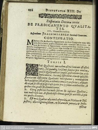 Disputatio Decima tertia De Praedicamento Qualitatis
