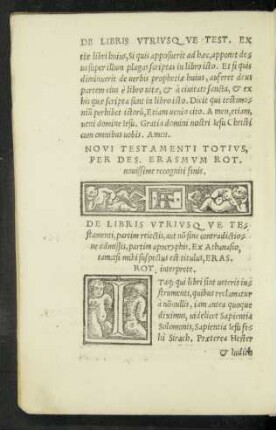De Libris Utriusque Testamenti, partim reiectis, aut non fine contradictione admissis, partim apocryphis. Ex Athanasio, tametsi mihi suspectus est titulus, Eras. Rot. interprete.