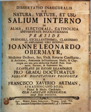 Diss. inaug. de natura, virtute et usu salium interno