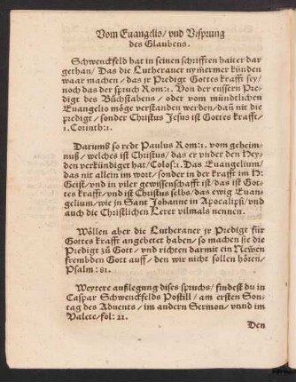Vom Evangelio/ und Ursprung des Glaubens.