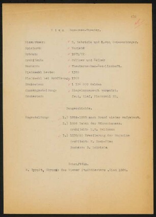 Etablissement Ronacher, Wien: Schriftstück zum Fragebogen für das Handbuch »Das Deutsche Theater«