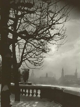 Dresden, Blick vom Neustädter Elbufer, Aussichtspavillon am Japanischen Palais nach Südosten auf die Altstadt im Winter
