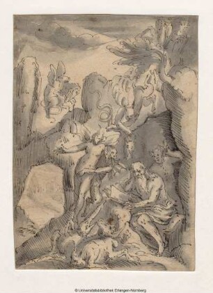 Versuchung des Heiligen Antonius, der von Spukgestalten umgeben, lesend rechts vor zerklüfteten Felsen sitzt