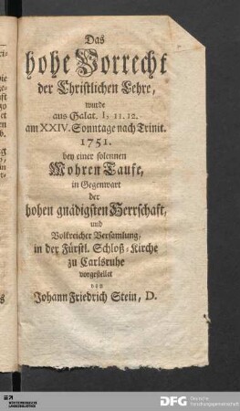 Das hohe Vorrecht der Christlichen Lehre.