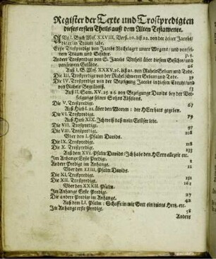 Register der Texte und Trostpredigten dieses ersten Theils auß dem Alten Testamente.