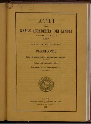 Seduta del 6 dicembre 1896. Volume V. - Fascicolo 11.