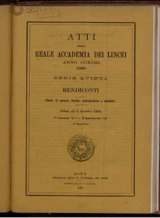 Seduta del 6 dicembre 1896. Volume V. - Fascicolo 11.
