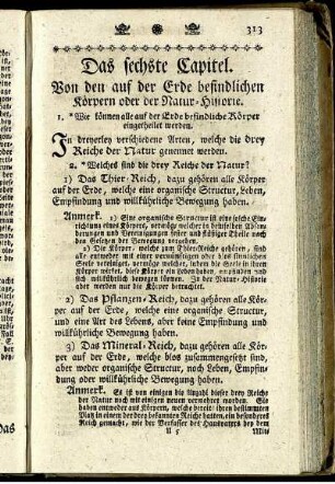 Das sechste Capitel. Von den auf der Erde befindlichen Körpern oder der Natur-Historie.