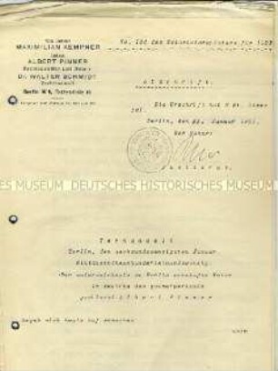 Notariell beglaubigtes Protokoll der ausserordentlichen Generalversammlung am 26. Januar 1921 - Sachkonvolut