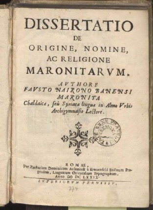 Dissertatio de origine, nomine ac religione Maronitarum