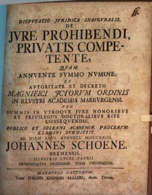 Dispvtatio Jvridica Inavgvralis, De Jvre Prohibendi, Privatis Competente