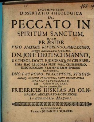 Dissertatio Theologica De Peccato In Spiritum Sanctum