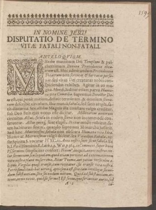 Disputatio De Termino Vitae Fatali Non-Fatali. Anteloquium.