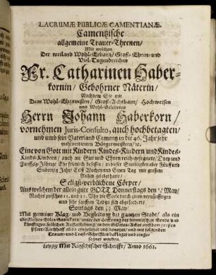 Lacrumae Publicae Camentianae. Camentzische allgemeine Trauer-Threnen