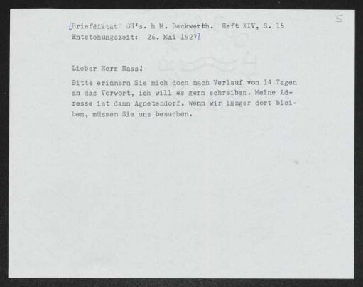 Brief von Gerhart Hauptmann an Willy Haas