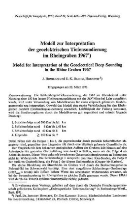 Modell zur Interpretation der geoelektrischen Tiefensondierung im Rheingraben 1967