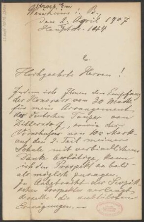 Brief an B. Schott's Söhne : 02.04.1907