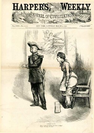 January 30, 1879. Mars. "I can not submit - this time - I resign." Peace. "J'y suis; J'y reste." : der französische Präsident Mac Mahon wirft Marianne sein Rücktrittsgesuch vor die Füße