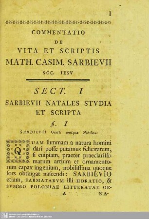 Sect. I. Sarbievii Natales Studia Et Scripta