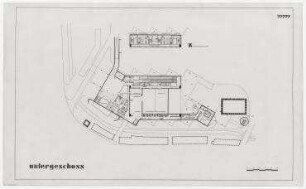 Mehrzweckhalle und Bürgerhaus Bensheim (nicht realisiert), 2. Preis – Grundriss UG, Zwischengeschoss. Bensheim/Hessen