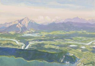 Blick von der "Kanzel" bei Villach/Kärnten. Die Drau-Schleife, links "Mittagskogel"