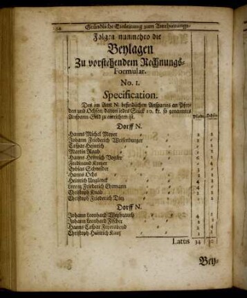 Folgen nunmehro die Beylagen Zu vorstehendem Rechnungs-Formular