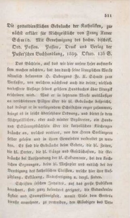 511-513 [Rezension] Schmid, Franz Xaver, Die gottesdienstlichen Gebräuche der Katholiken