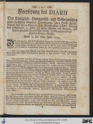 Fortsetzung des Diarii ... Vom 3. bis 6ten Julii 1743.