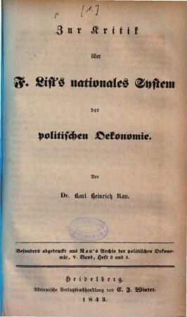 Zur Kritik über F. List's nationales System der politischen Oekonomie