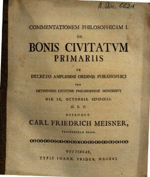 Commentationem Philosophicam I. De Bonis Civitatvm Primariis