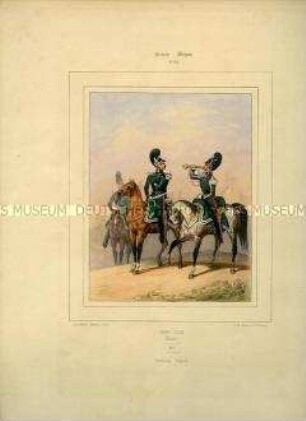 Uniformdarstellung, Offizier und Trompeter der Chevauxlegerszu Pferd und Gendarme der Leibgendarmerie, Großherzogtum Hessen-Darmstadt, 1840/1850. Tafel Nr. 172 aus: Galerie militaire. Collection des Costumes Militaires de toutes les Nations. Paris 1840 - 1855.
