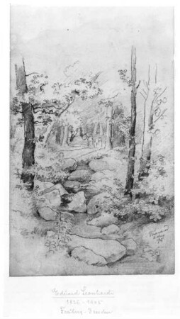 Landschaft mit Bach : Landschaft mit Bach. Bleistiftzeichnung; 20,4 x 12,3 cm (1874; E. Leonhardi). Freiberg: Stadt- und Bergbaumuseum 58/121