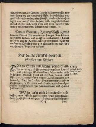 Der dritte Artikel von den Stifften und Klöstern.